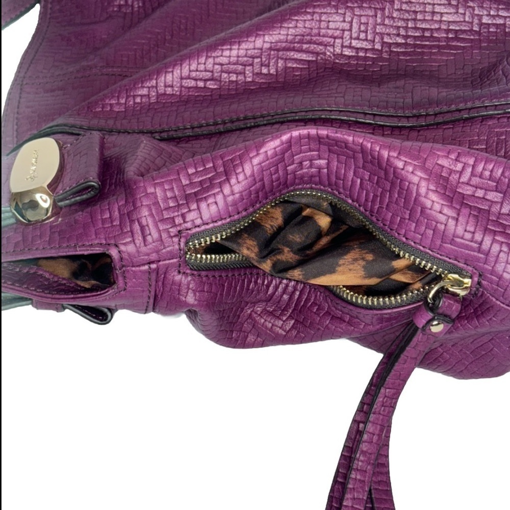B. Makowsky Plum Embossed Leather Shoulder Bag Large Tote Leopard Lining - Picture 14 of 14